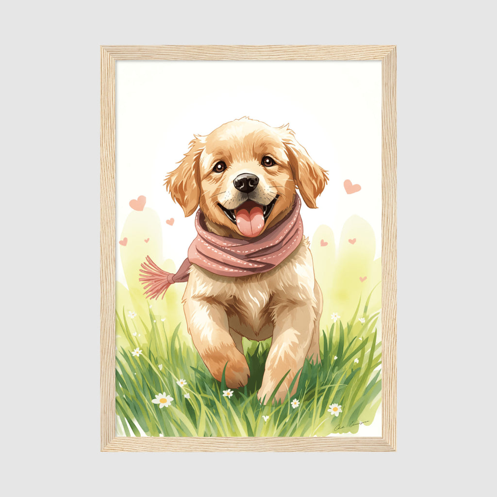 Enhanced Archival Matte A2 Classic Black Frame - Large-format friendly dog illustration with spring meadow setting, white flowers and romantic heart details