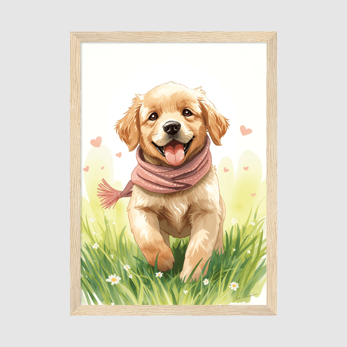 Enhanced Archival Matte A2 Classic Black Frame - Large-format friendly dog illustration with spring meadow setting, white flowers and romantic heart details