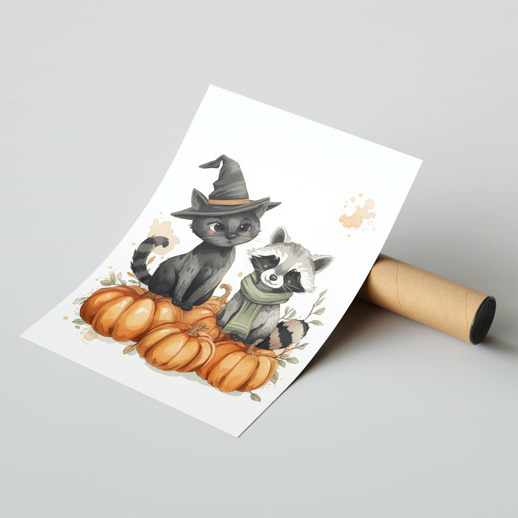Hahnemuhle Photo Lustre A4 Classic Black Frame - Illustration of a black cat wearing a witch hat and a gray raccoon in a green scarf sitting on stacked orange pumpkins with autumn leaves