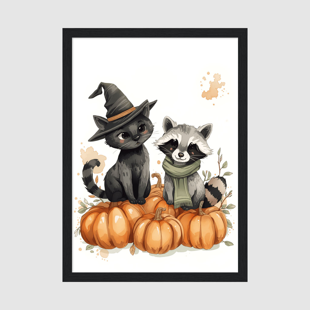 Enhanced Archival Matte A3 Classic White Frame - Whimsical Halloween artwork featuring a charming witch cat and raccoon friends surrounded by golden pumpkins and fall foliage