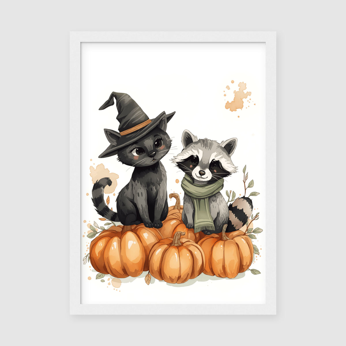 Hahnemuhle Photo Lustre A2 Classic Black Frame - Detailed seasonal illustration with cute cat and raccoon characters in Halloween attire perched on a pumpkin patch