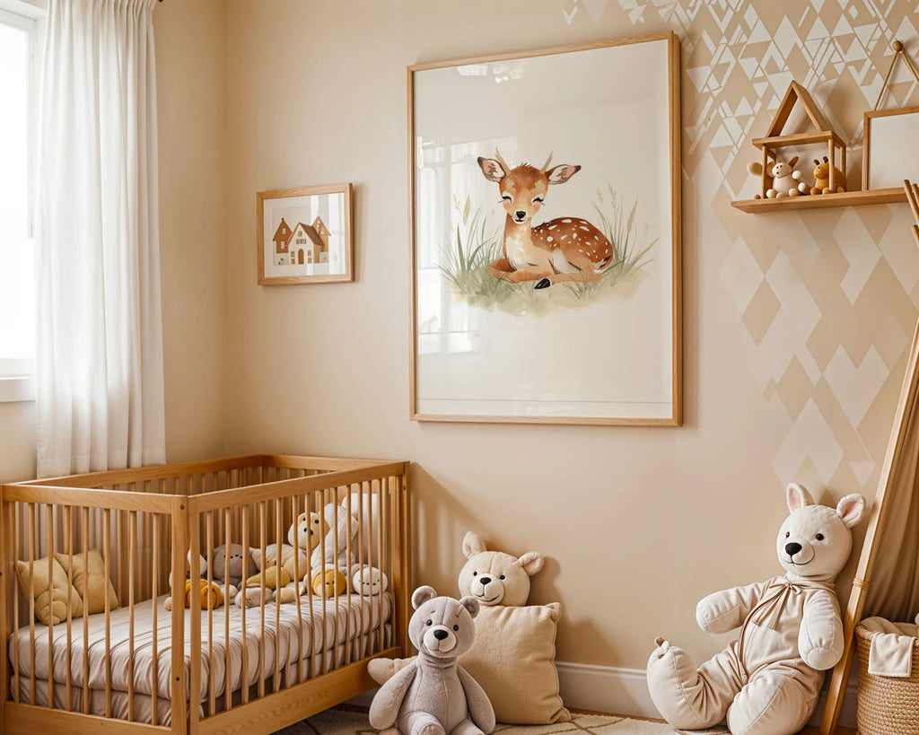 Hahnemuhle Photo Lustre A3 Classic Black Frame - Framed woodland animal print featuring peaceful young deer in sitting position with natural earth-tone palette