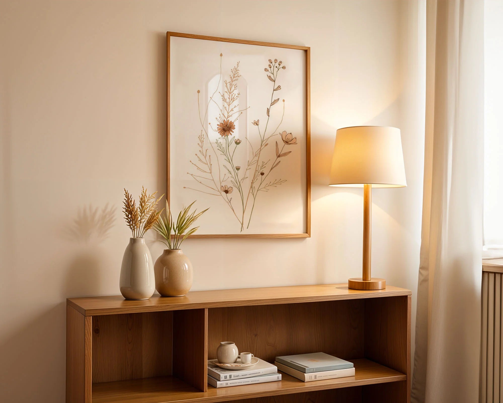 Framed Poster A2 Classic White Frame - Large minimalist floral line art featuring wildflowers, dried stems, and organic plant forms in soft earth tone palette