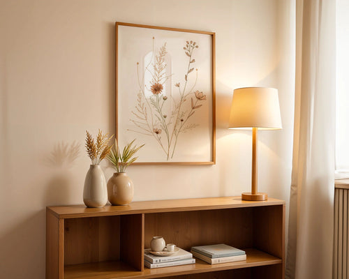 Framed Poster A2 Classic White Frame - Large minimalist floral line art featuring wildflowers, dried stems, and organic plant forms in soft earth tone palette