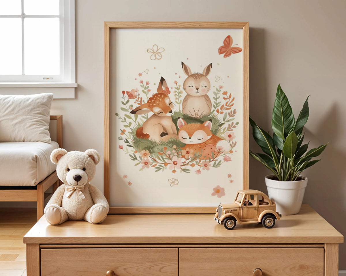 Framed Poster A2 White Frame - Oversized nursery wall art displaying fox, deer, and rabbit in botanical garden setting