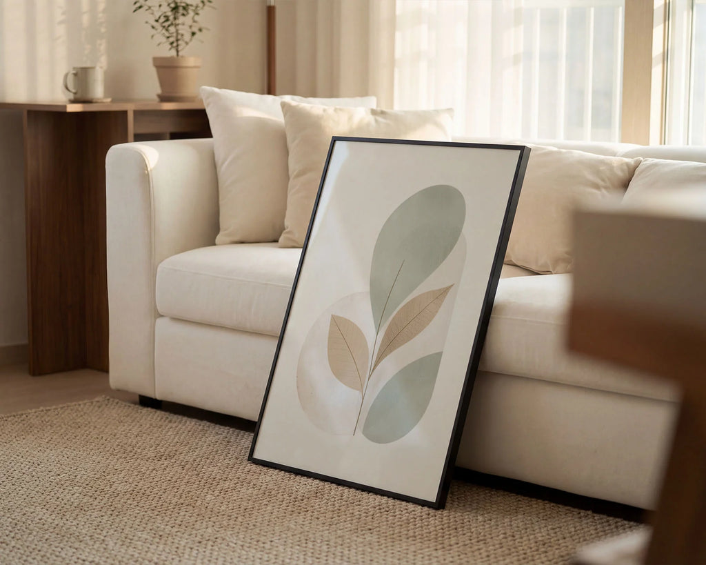 Framed Poster A4 Classic White Frame - Soft nature-inspired artwork with sage green oval shapes and warm beige leaf details