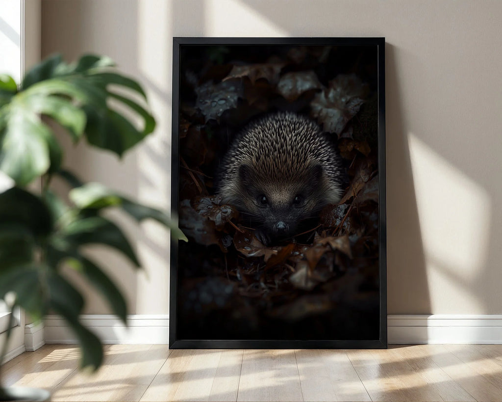 Hedgehog Framed Print A3 Black Frame - Hedgehog surrounded by dried leaves and natural debris, shot from above with moody lighting highlighting fur detail