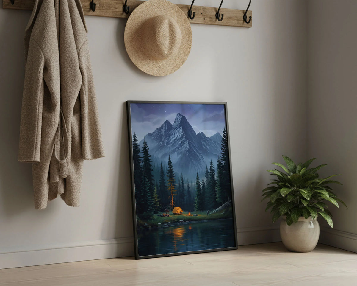 Framed Poster A2 Black Frame - Epic starlit mountain landscape with camping fire and conifer forest