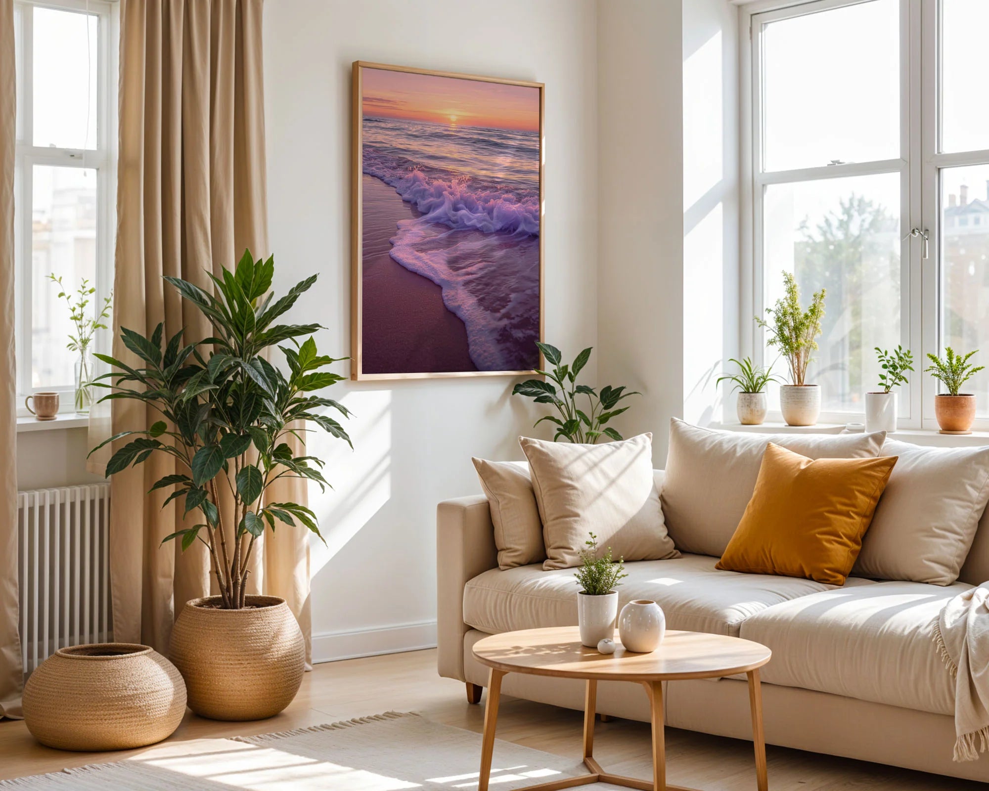 Framed Poster A3 No Frame Mount - Serene ocean landscape with peaceful wave patterns and glowing golden sun creating tranquil coastal ambiance