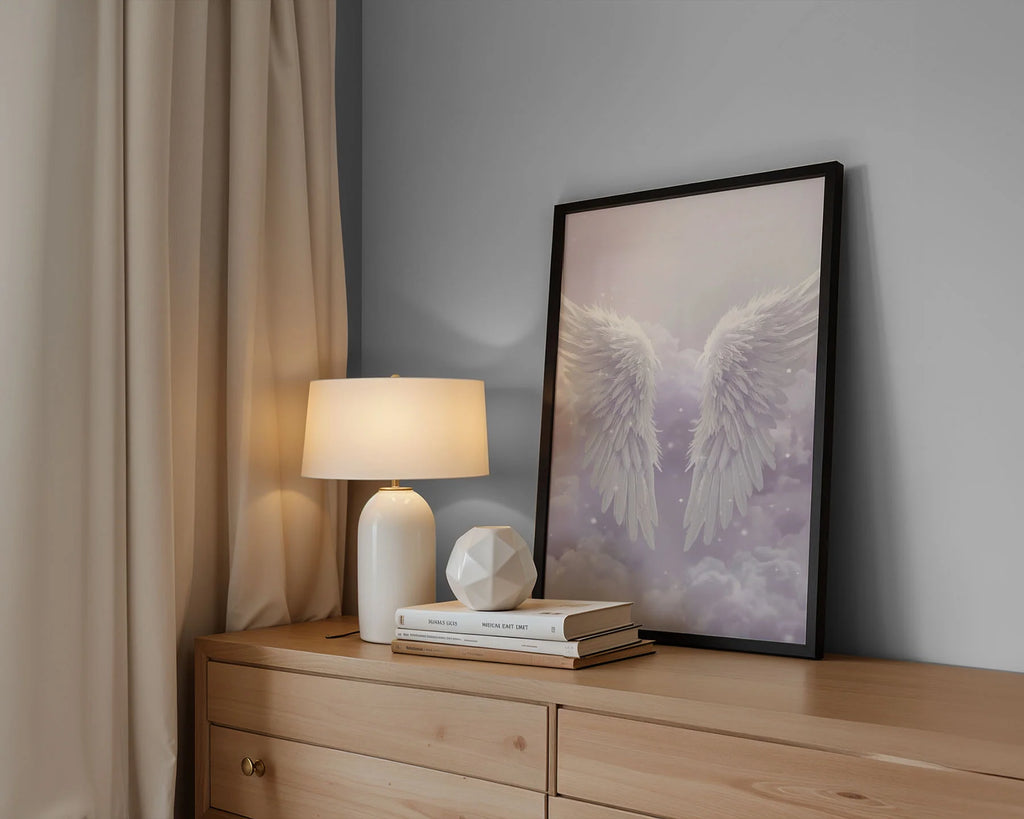 Framed Poster A3 Classic White Frame - Peaceful ethereal wings artwork with soft bokeh clouds and twinkling highlights throughout