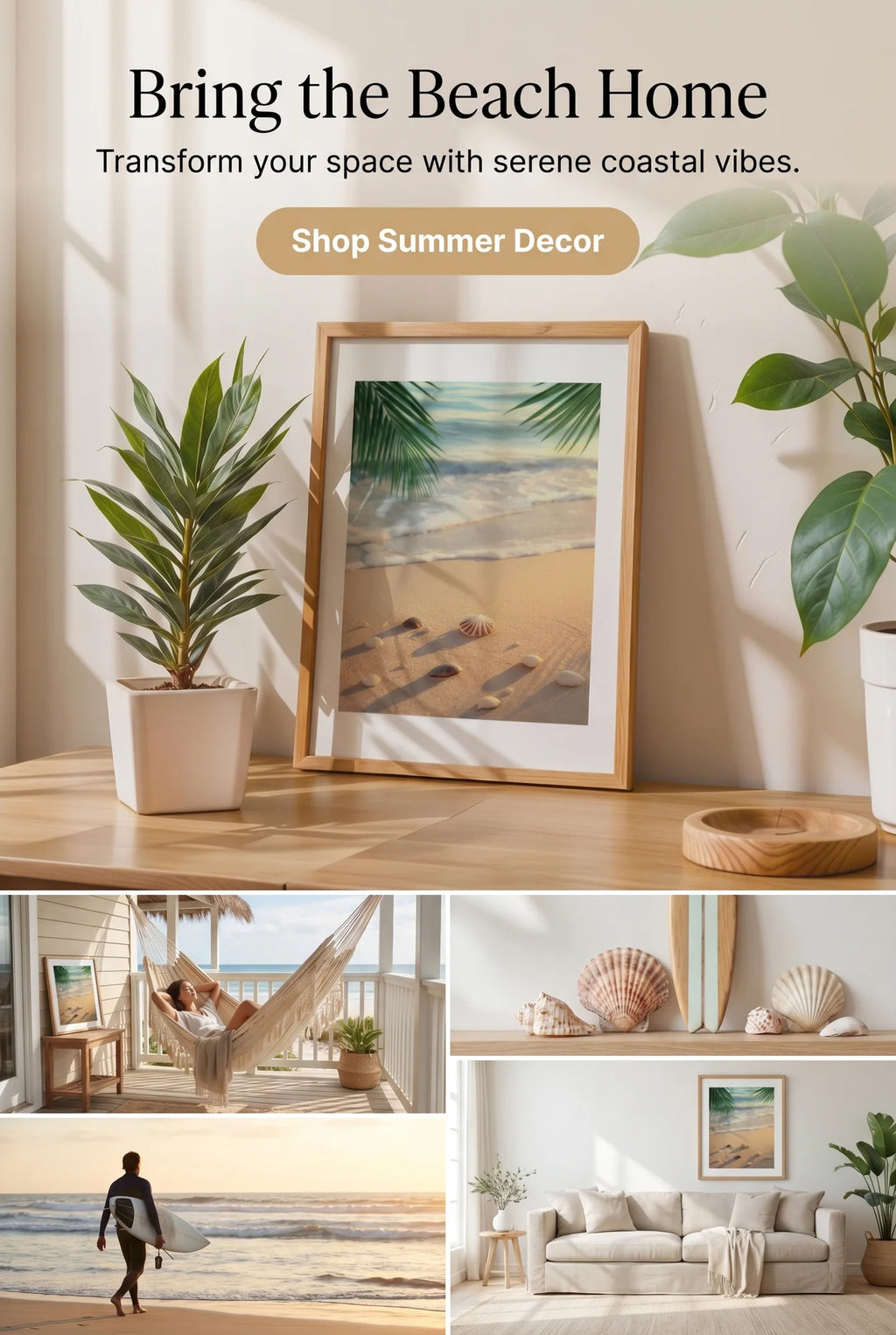 Framed Poster A2 Classic Black Frame - Expansive beach wave wall print showcasing dynamic seascape in muted natural tones