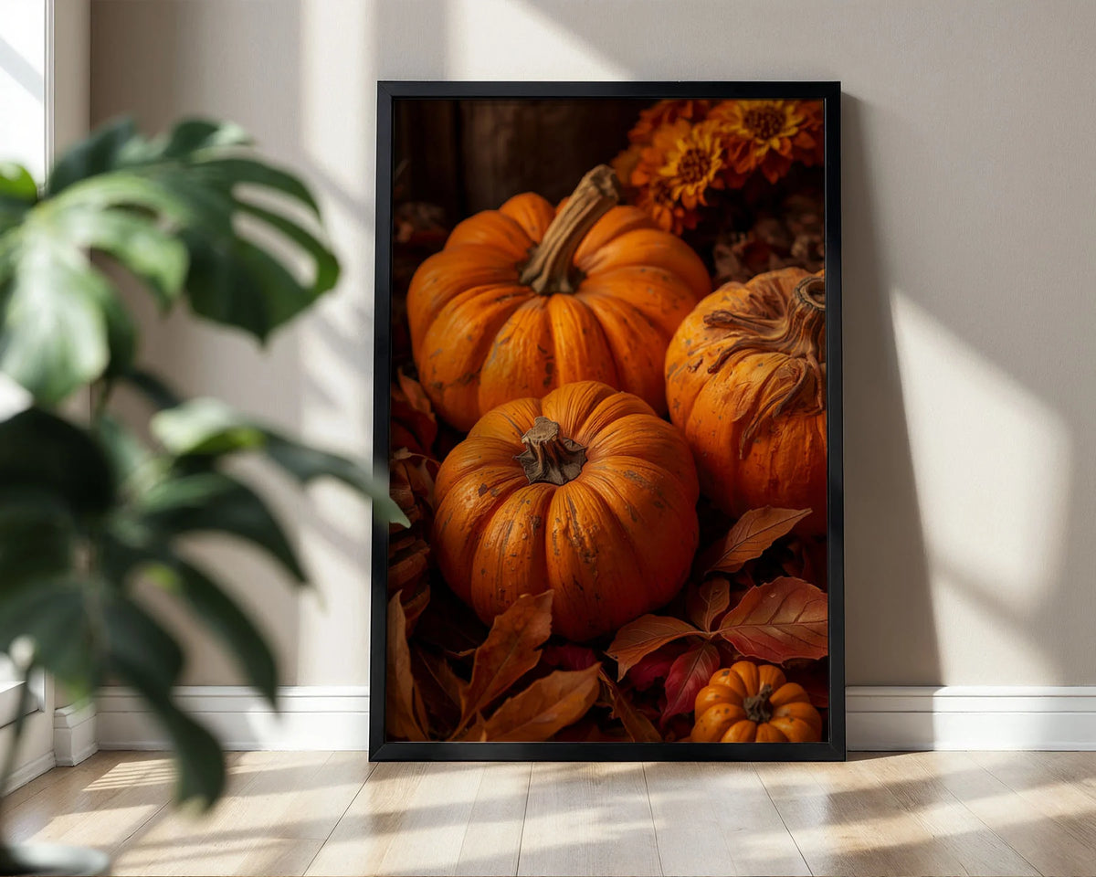 Framed Poster A3 Classic Black Frame - Seasonal harvest print showcasing detailed pumpkins with weathered appearance, surrounding autumn foliage, and golden flowers