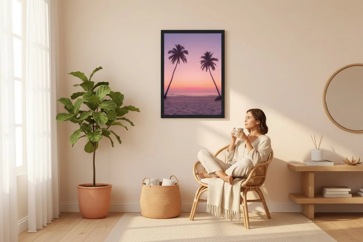 Sunset Palm Beach Framed Poster: Tropical Wall Art A4-A2