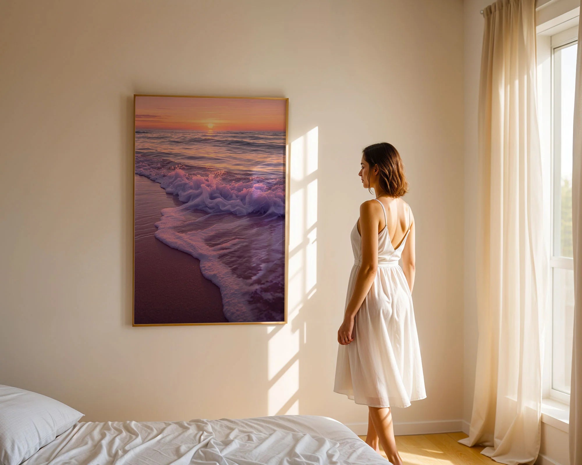 Framed Poster A4 Classic White Frame - Intimate beach sunset featuring intricate wave textures and a luminous sun creating golden highlights across water