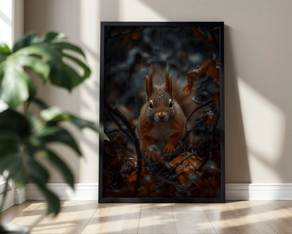 Red Squirrel Print Enhanced Archival Matte A4 - Detailed wildlife portrait of red squirrel perched among rain-soaked branches and autumn-coloured oak leaves