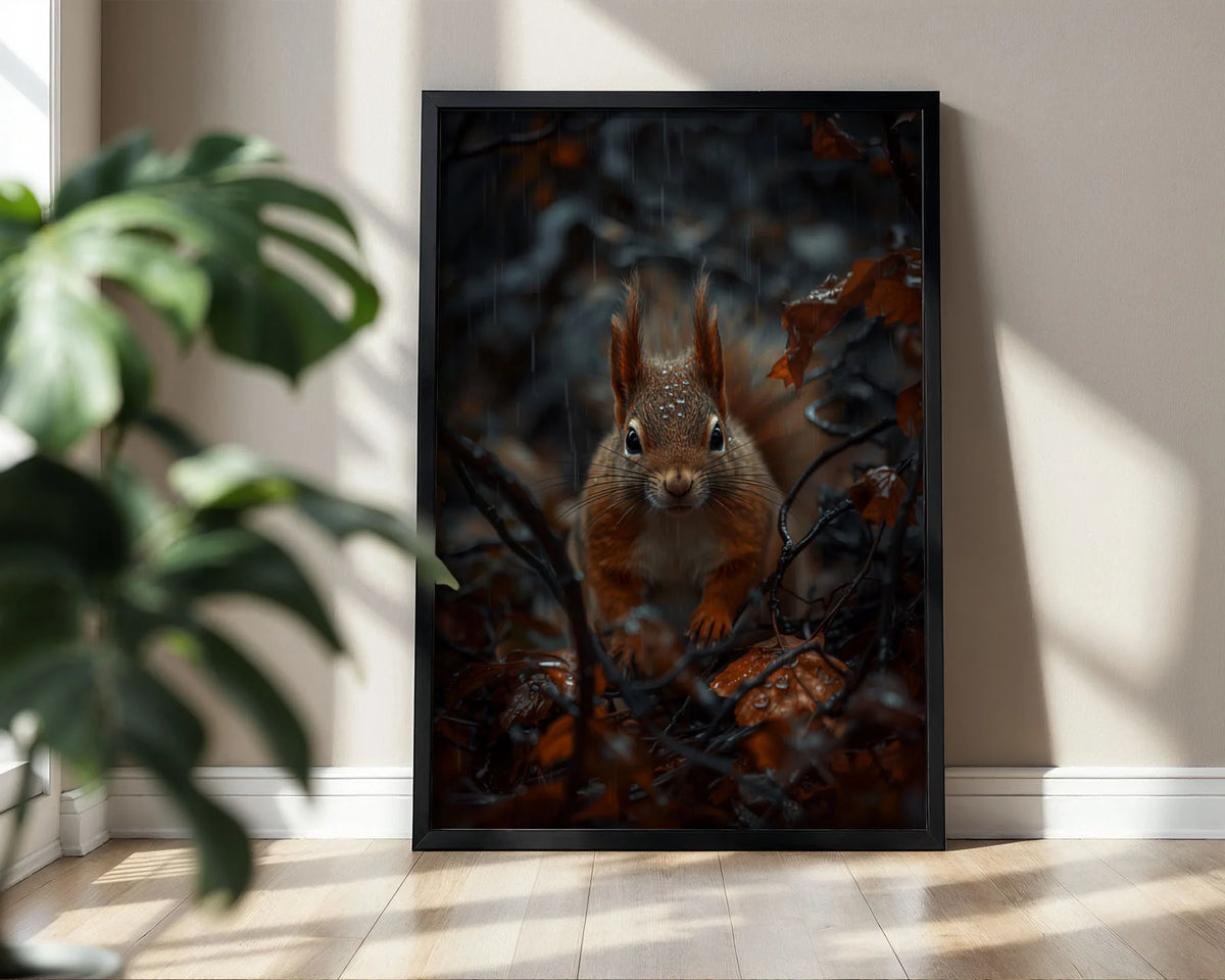 Red Squirrel Print Enhanced Archival Matte A4 - Detailed wildlife portrait of red squirrel perched among rain-soaked branches and autumn-coloured oak leaves