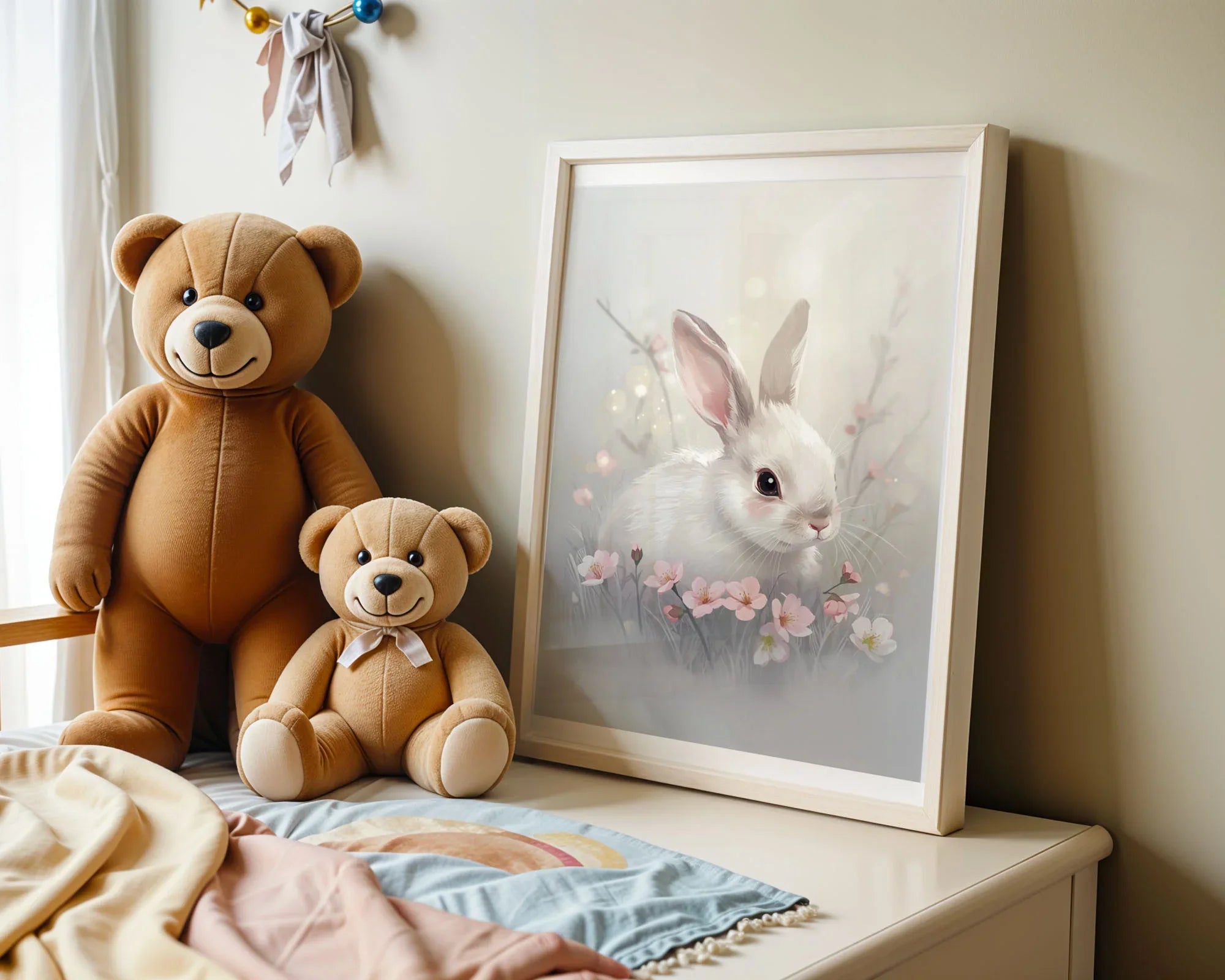 Mounted Print A4 - Close-up of soft artistic bunny portrait with pink inner ears and tender floral arrangement detail