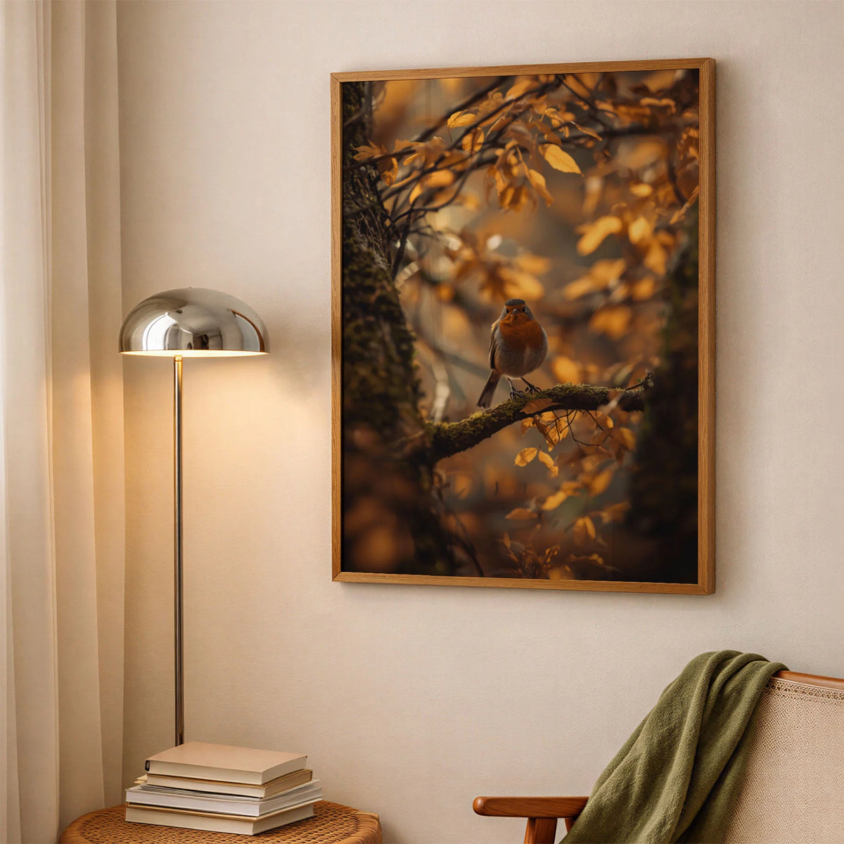 Framed Poster A2 Classic White Frame - Expansive nature scene with robin as focal point among golden autumn branches and leaves