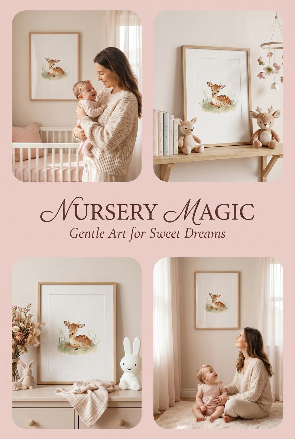 Mounted Framed Print A3 Wood Frame - Complete framed deer artwork in natural wood finish, ready to hang on nursery wall