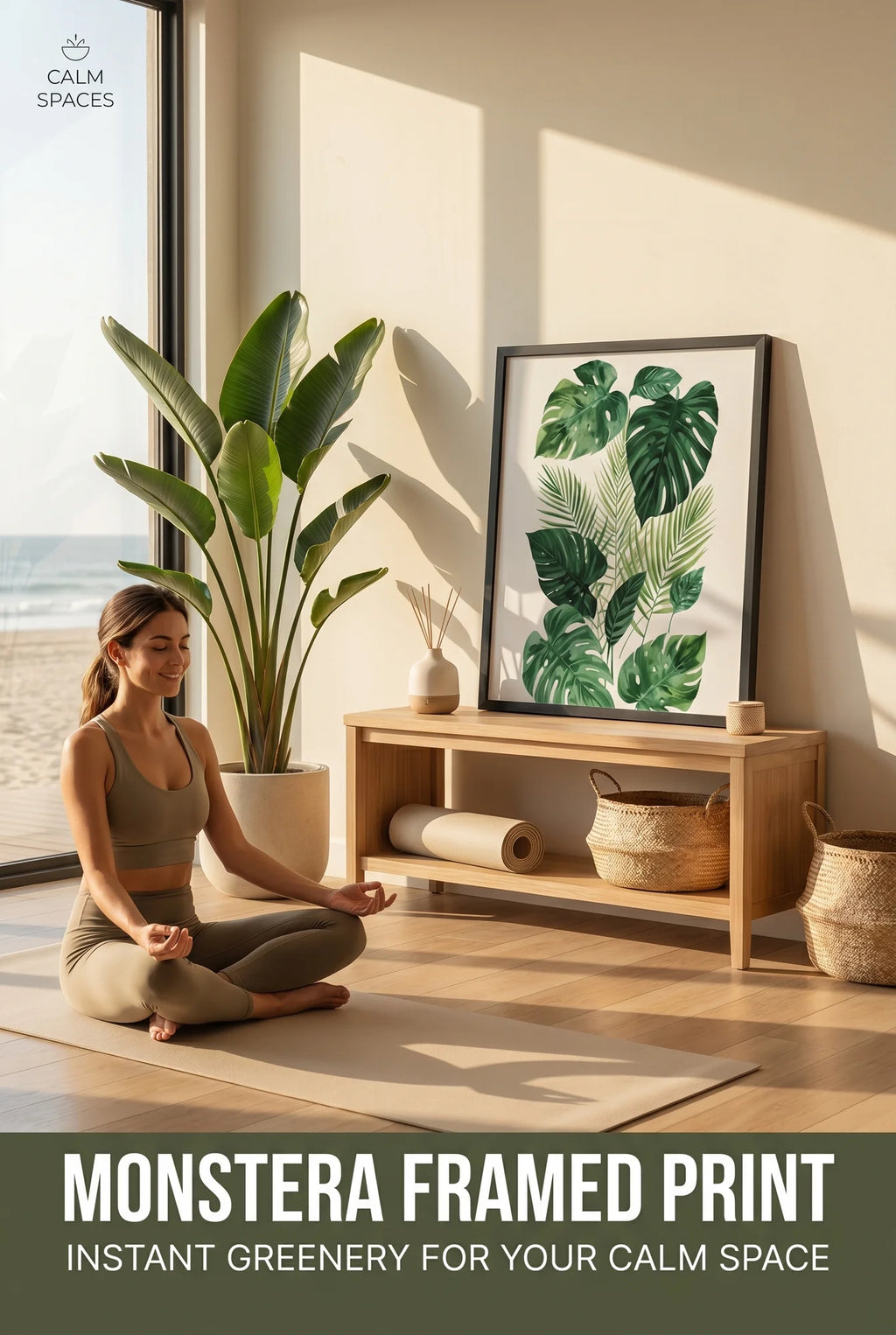 Framed Poster A2 Classic Black - Large botanical Monstera leaf artwork with sophisticated line work in elegant black frame