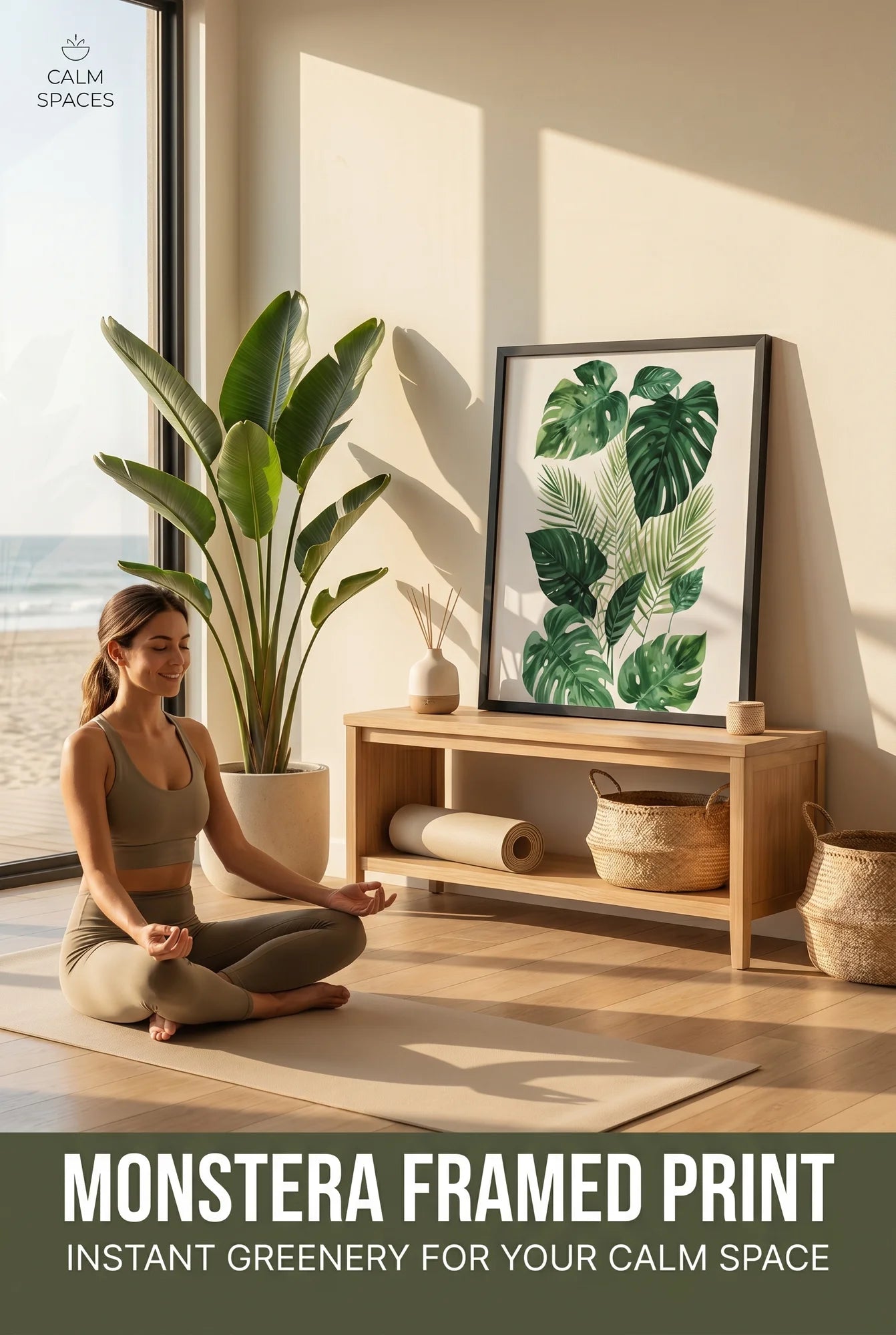 Framed Poster A2 Classic Black - Large botanical Monstera leaf artwork with sophisticated line work in elegant black frame