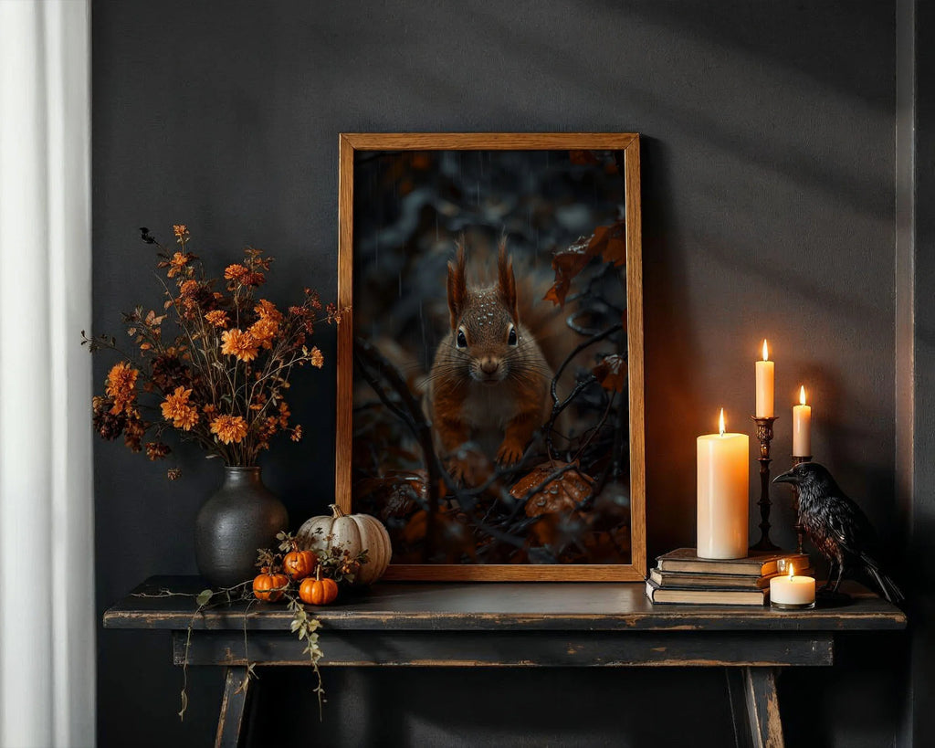 Red Squirrel Framed Print A4 Classic Black Frame - Expressive red squirrel with focused gaze surrounded by blurred branches, wet leaves, and atmospheric rain in autumn woods