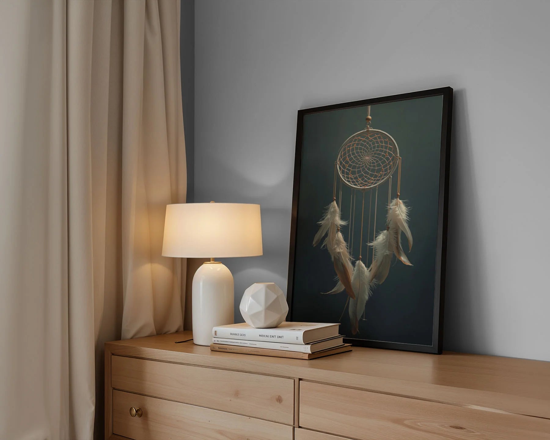 Dreamcatcher Print - Close detail of intricately patterned circular web with radiating lines and ornamental beaded accents in metallic tones