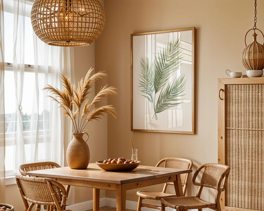 Framed Print A3 Classic Wood Frame With Mount - Serene boho leaf artwork showcasing feathered palm fronds in soft natural greens