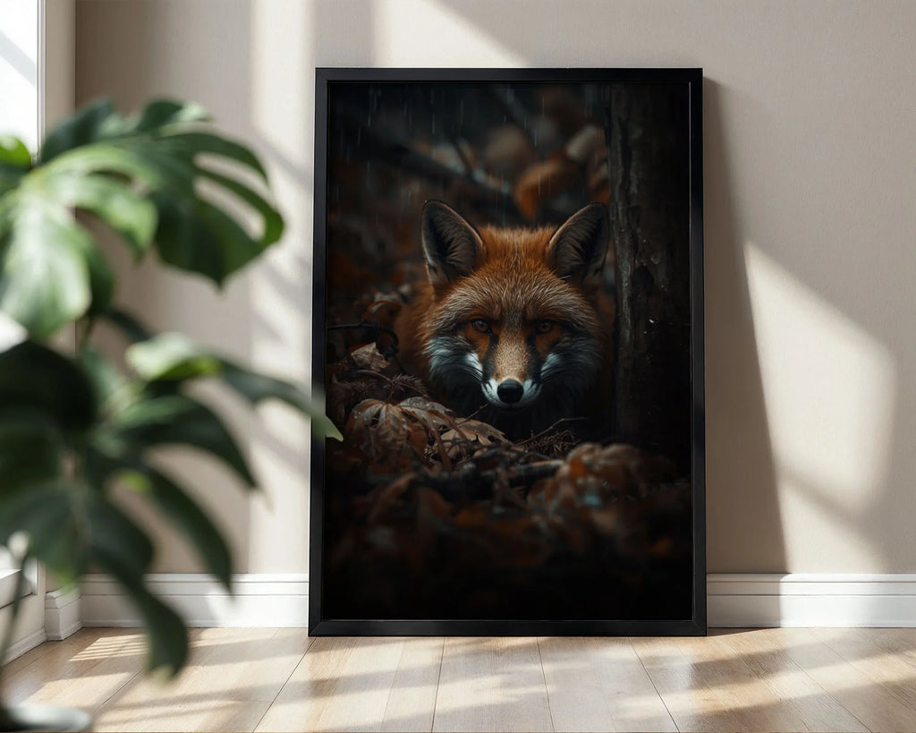 Framed Fox Print A3 Classic Black - Full fox portrait artwork with rich brown fur detail and direct forward gaze in larger black frame format