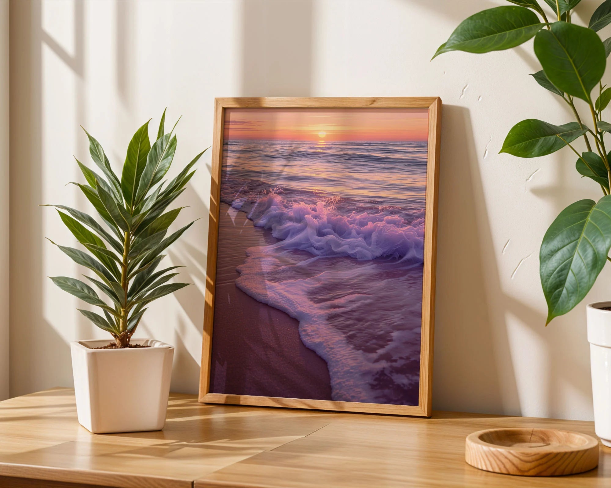Framed Poster A3 Classic Wood Frame - Coastal wall art capturing layered waves with delicate foam patterns and warm peachy-pink sunset sky reflection
