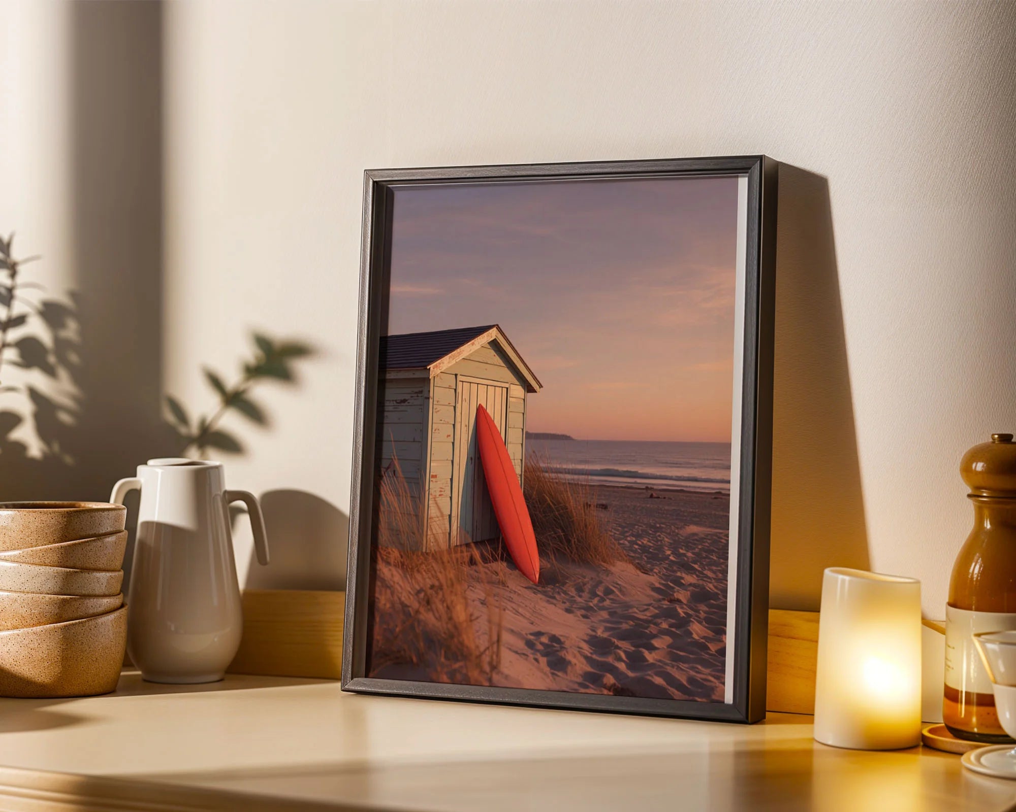 Framed Poster A3 Classic Black - Romantic coastal photograph featuring red surfboard and beach hut in dreamy sunset lighting