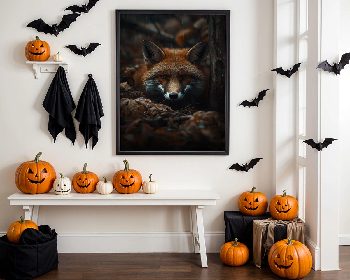 Framed Fox Print A3 Natural Wood - Striking fox animal print showing intricate whisker detail and expressive eyes in natural wood frame