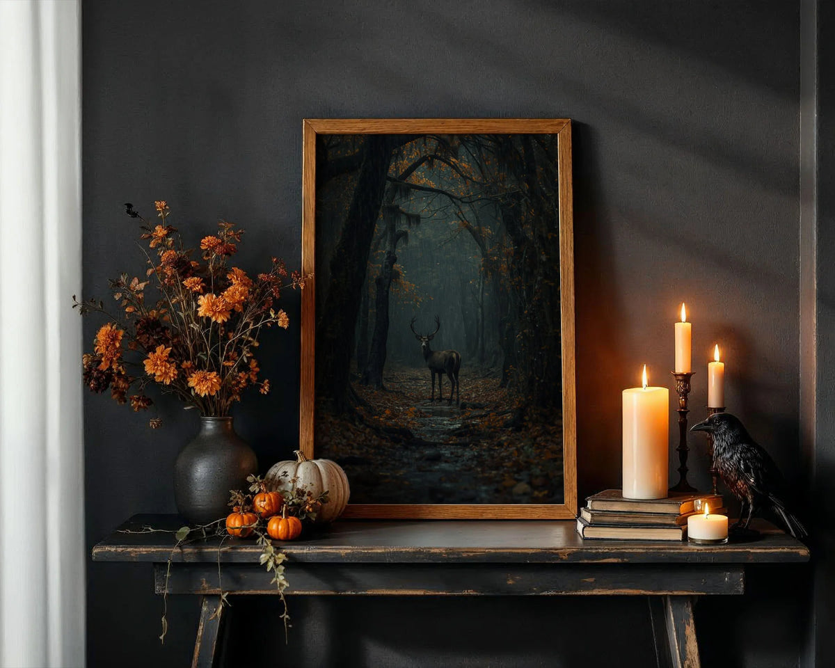 Framed Poster A2 Classic Black Frame - Large format nature artwork of stag in rainy woodland with golden foliage and atmospheric depth