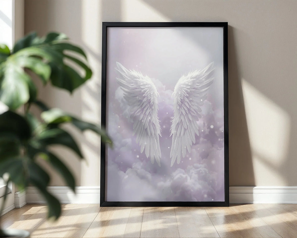Framed Poster A3 Classic Black Frame - Spiritual wall art featuring gracefully posed wings with luminous quality and cloud scenery