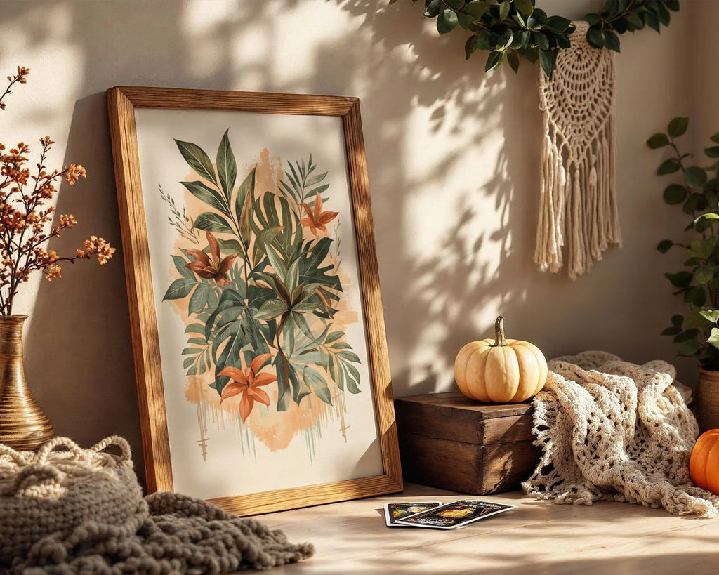 Framed Poster Gallery Print - Nature-inspired botanical design with intricate leaf patterns, terracotta flowers, and soft neutral background tones