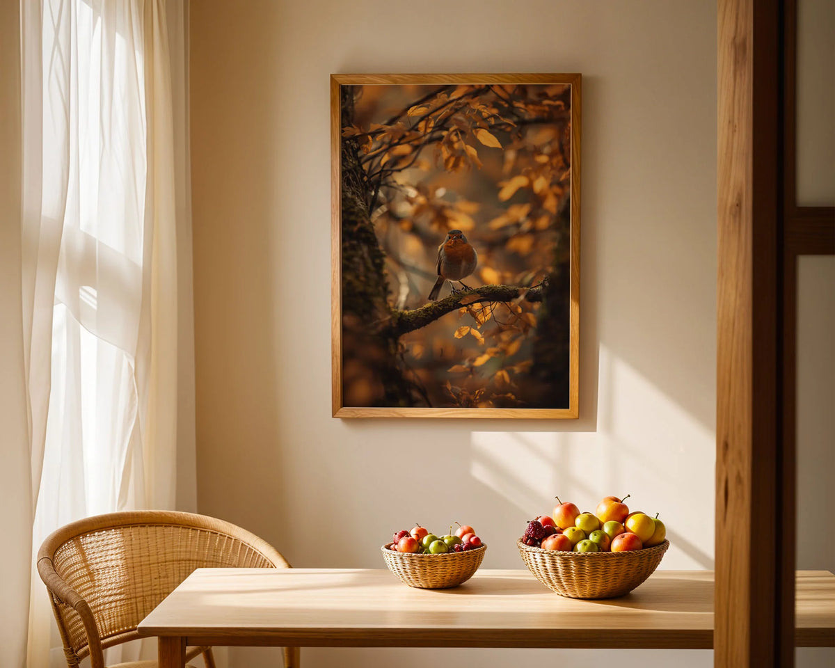 Framed Poster A3 Classic Wood Frame - Detailed robin portrait with delicate autumn branches and glowing yellow foliage effect