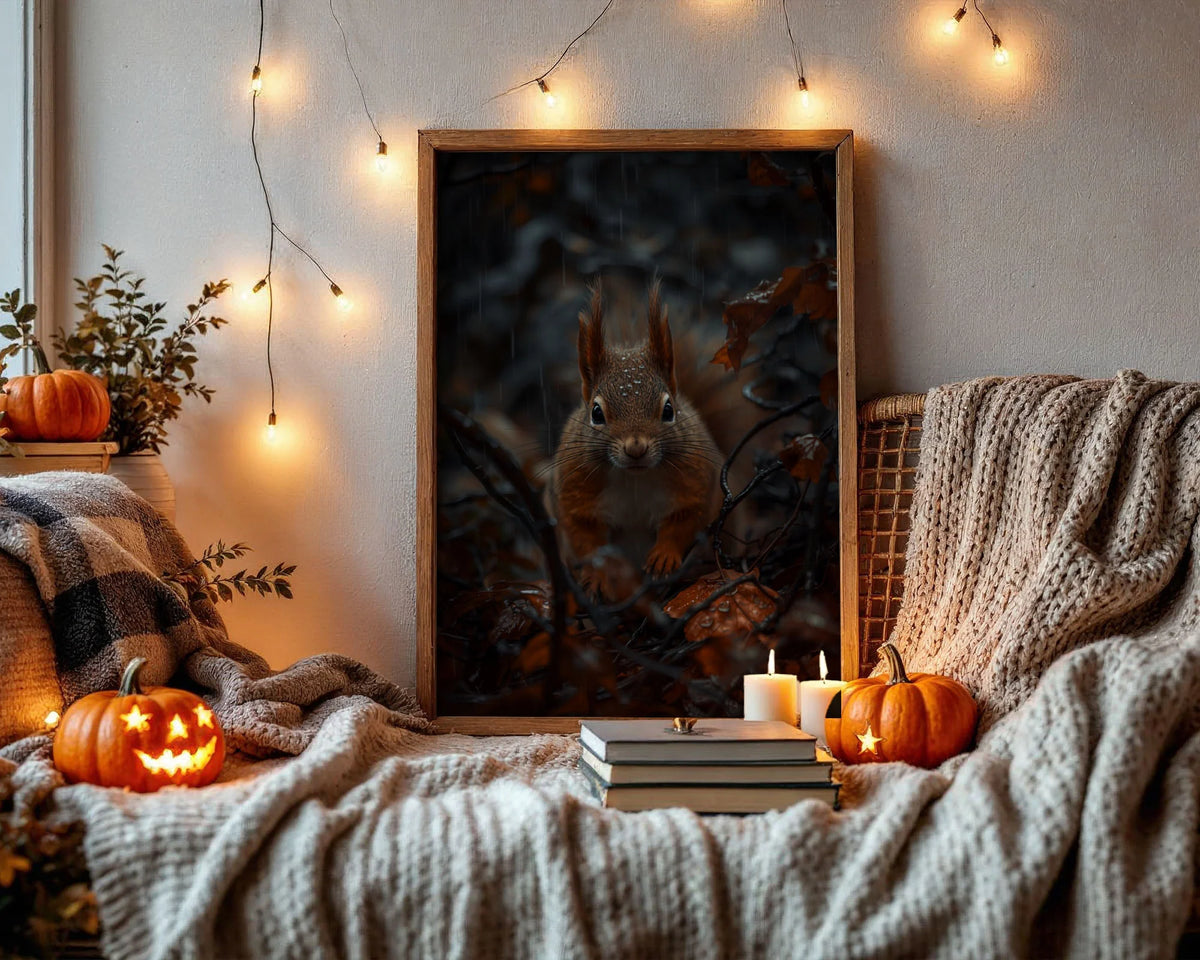 Red Squirrel Print Hahnemuhle Photo Lustre A3 - Striking animal photography showing red squirrel in natural autumn environment with rain streaks and warm earth tones