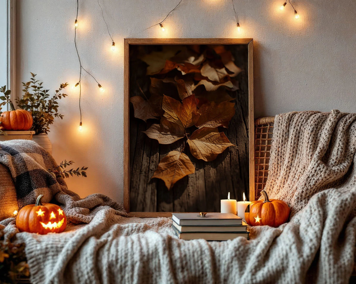 Framed Poster A2 Classic Wood Frame - Autumn leaves display with golden highlights and deep shadows creating dimensional fall nature art