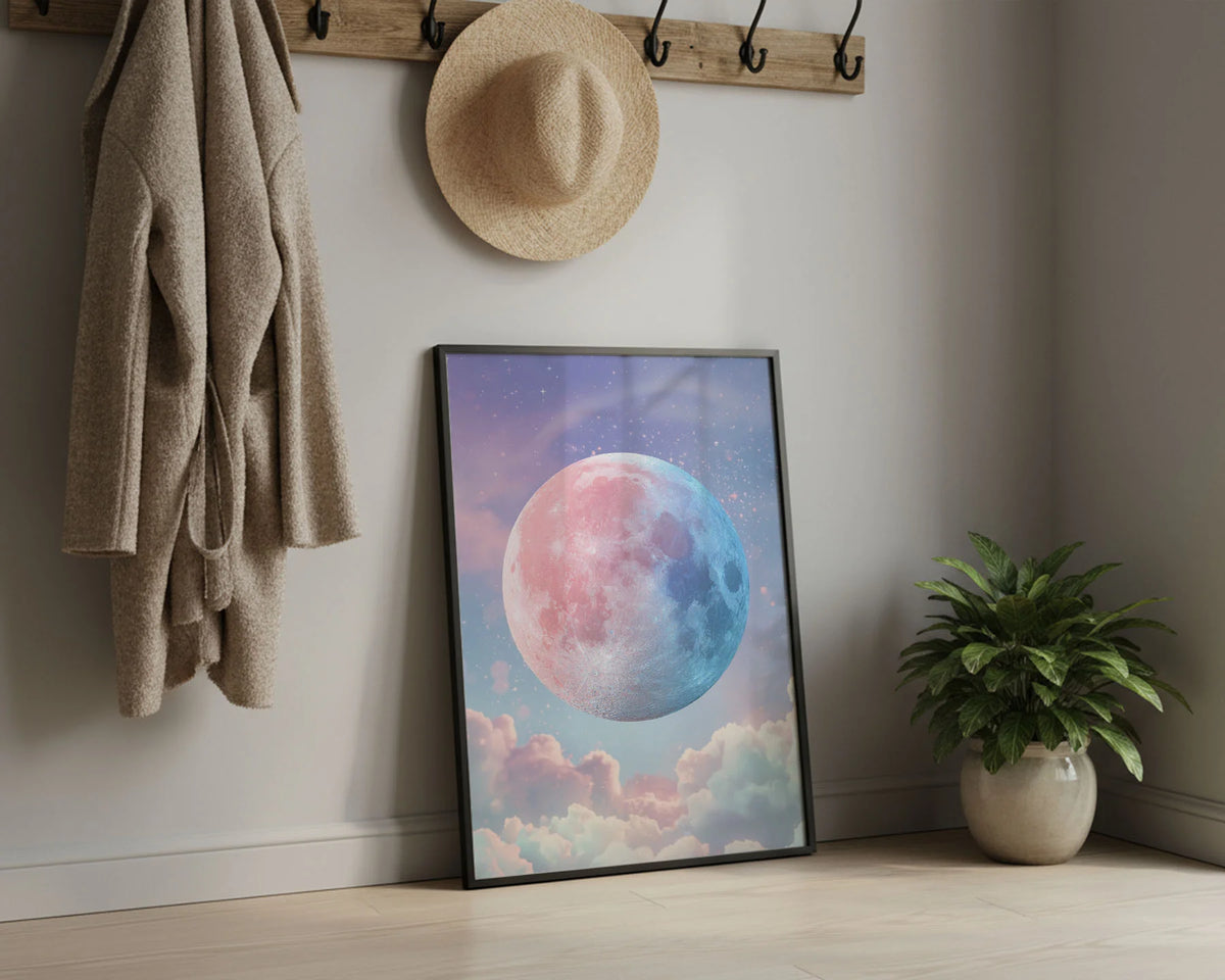 Framed Poster A4 Classic White Frame - Serene cosmic moon print with pastel colour palette of pinks, blues, and purples creating a dreamy galaxy scene