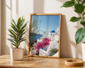 Framed Poster A2 White Frame - Full Santorini scenic vista featuring iconic white architecture, bright blue domes, pink flowering vines, and crystal clear Mediterranean waters