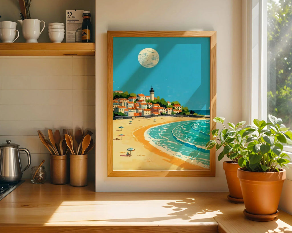Framed Coastal Print - Retro travel-style poster of enchanting beachside settlement with distinctive architecture, crescent moon overhead, and serene Mediterranean scene