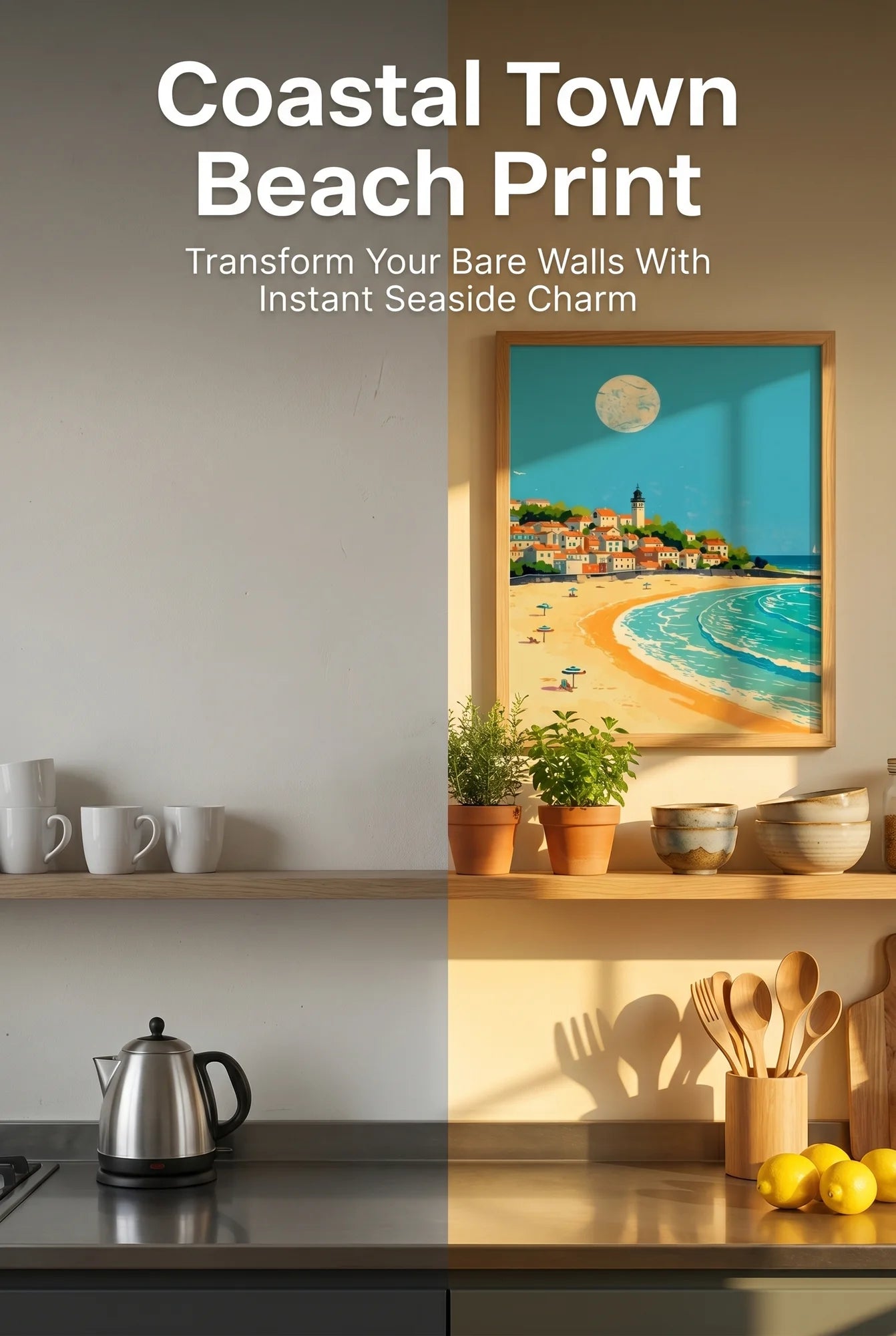 Coastal Town Beach Framed Poster A4 No Frame - Bright retro travel poster depicting peaceful beach town scene with orange-roofed buildings, sandy shore, and stylized ocean waves in warm sunset tones