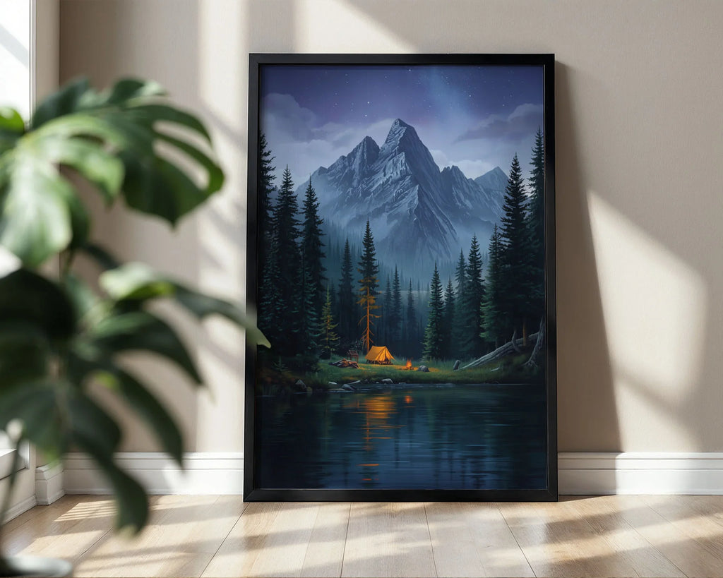 Framed Poster A2 Wood Frame - Serene wilderness night scene with illuminated tent by reflective water