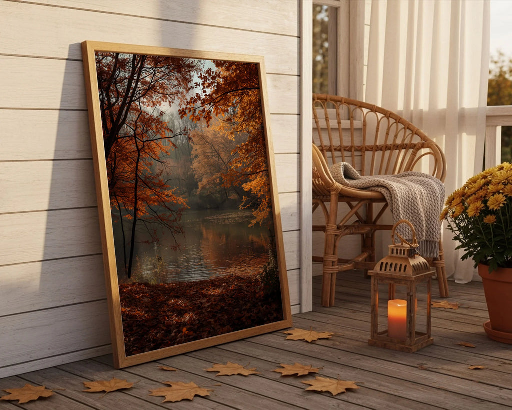 Framed Poster A3 Classic White Frame - Golden autumn trees reflected in calm lake with soft light filtering through woodland