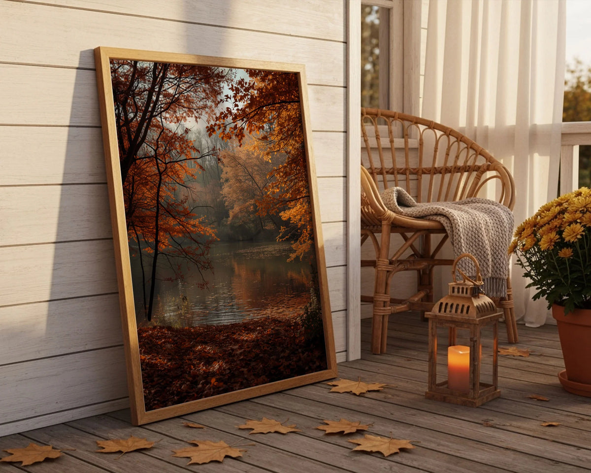 Framed Poster A3 Classic White Frame - Golden autumn trees reflected in calm lake with soft light filtering through woodland