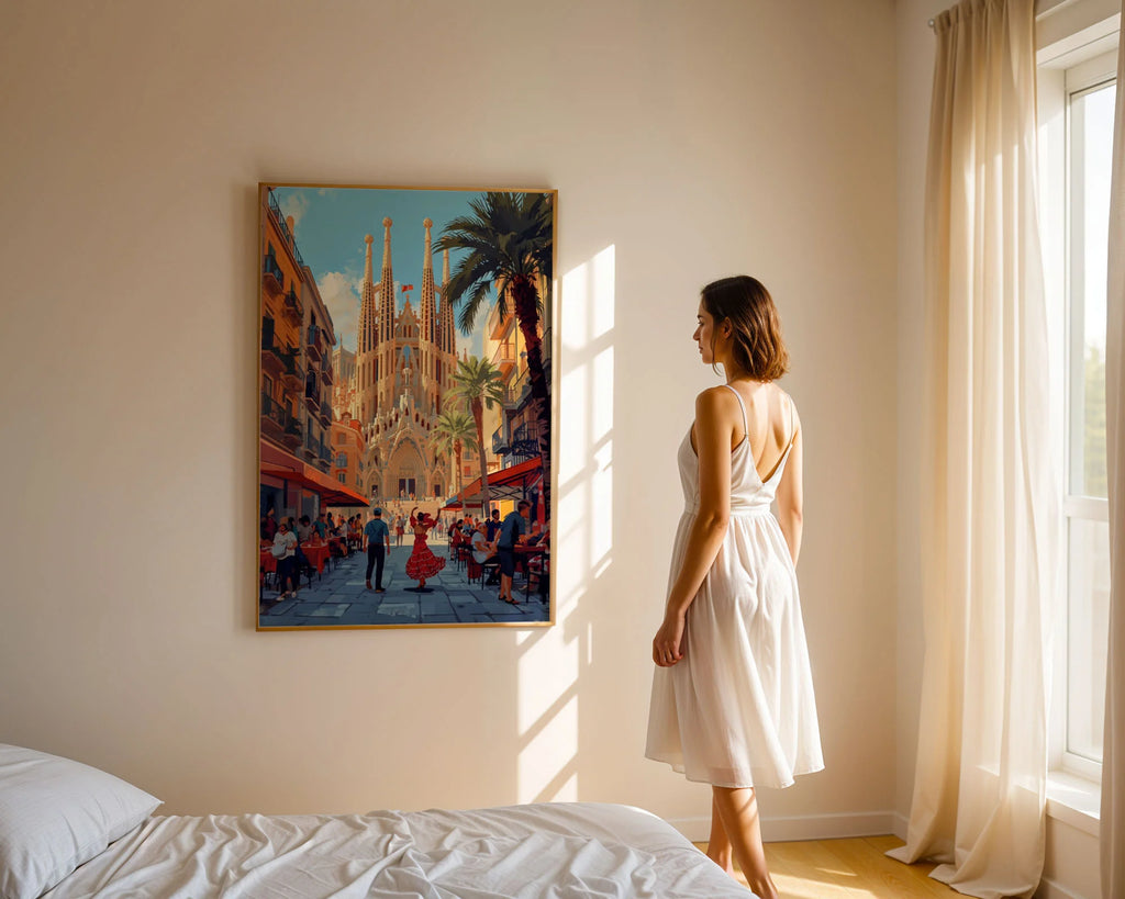 Framed Poster A4 No Frame - Stunning Barcelona cityscape showing Sagrada Familia basilica as focal point with warm color palette of oranges, yellows, and reds against bright blue sky