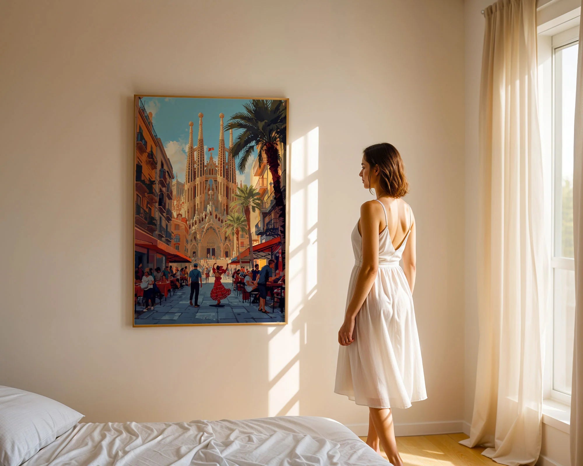 Framed Poster A4 No Frame - Stunning Barcelona cityscape showing Sagrada Familia basilica as focal point with warm color palette of oranges, yellows, and reds against bright blue sky