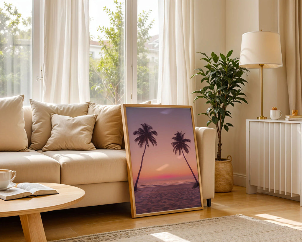 Framed Poster A3 Classic Wood Frame - Warm sunset landscape with silhouetted palm trees and calming pastel gradient sky in purple pink and gold