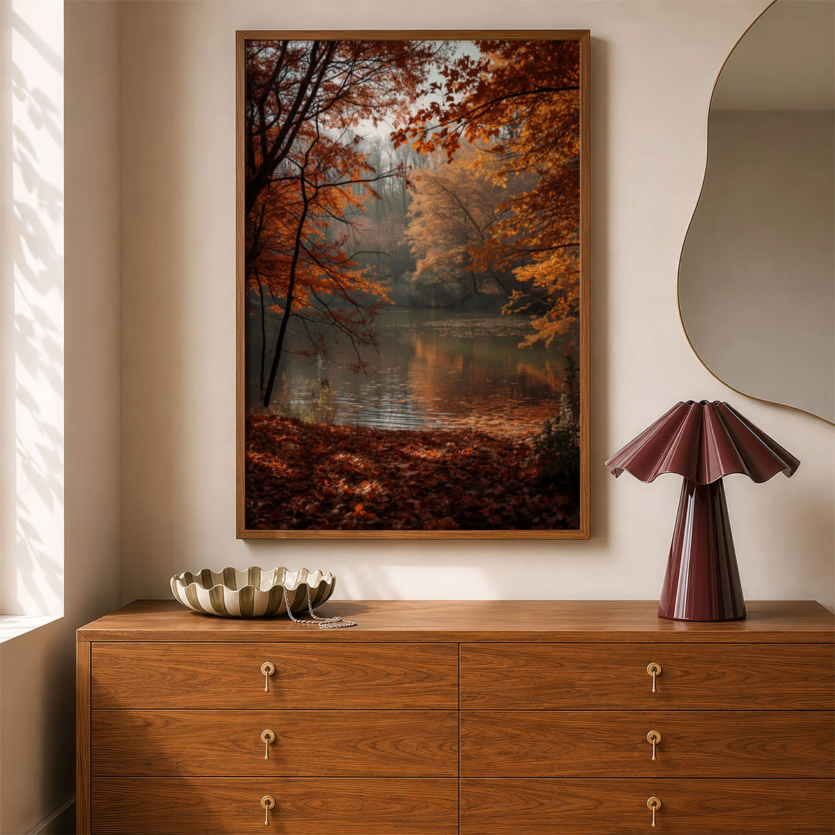 Framed Poster Hahnemuhle Photo Lustre - Autumn lakeside forest with luminous golden leaves and subtle atmospheric haze
