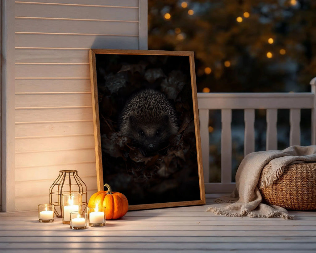 Hedgehog Framed Print A2 Black Frame - Large scale hedgehog artwork with dramatic moody lighting emphasizing spines and facial expression among scattered leaves